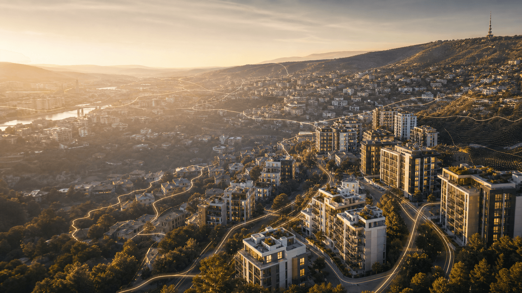 Tbilisi hillside apartments at sunset with subtle map paths